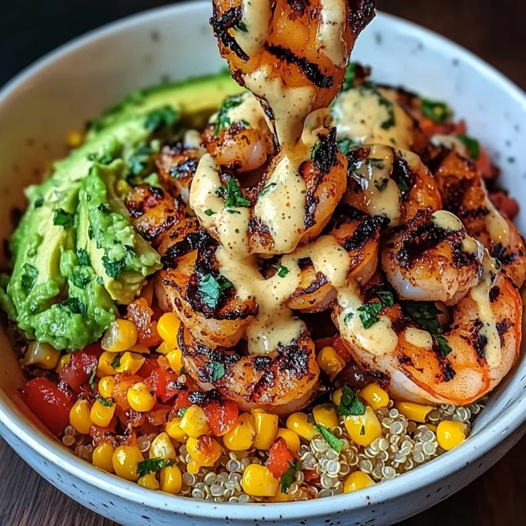 Grilled Shrimp Bowl with Avocado, Corn Salsa & Creamy Sauce